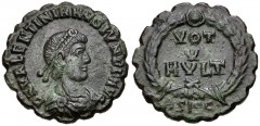 Valentinian II. AD 375-392. Æ Serrate 14mm (1.46 g, 6h). Siscia mint, 1st officina. Struck AD 378-383. Pearl-diademed, draped and cuirassed bust right / VOT/ V/ MVLT in three lines within laurel wreat