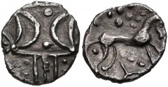 CELTIC, Iceni. Ecen. Circa AD 10-43(?). AR Unit (13.5mm, 0.83 g, 3h). Ecen Symbol/Y-Type. Double crescent emblem on vertical wreath / Stylized horse right; pellets above, three pellets and Y-shaped mo
