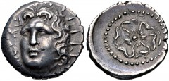 ISLANDS off CARIA, Rhodos. Rhodes. Circa 88/42 BC-AD 14. AR Drachm (18.5mm, 4.13 g, 12h). Radiate head of Helios facing slightly right / Rose seen from above; grain ear above. Ashton & Weiss 53 (A15/P
