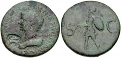 Britannicus. AD 41-55. Æ Sestertius (33.5mm, 25.95 g, 6h). Uncertain Balkan/Thracian mint. Struck under Claudius, circa AD 50-54. Bareheaded and draped bust left / Mars, barefoot, but wearing full mil