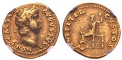 Nero. AD 54-68. AV Aureus (18mm, 6.79 g, 6h). Rome mint. Struck circa AD 64-65. NERO CAESAR AVGVSTVS, laureate head right / IVPPITER CVSTOS, Jupiter seated left on throne, holding thunderbolt and scep