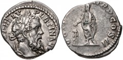 Pertinax. AD 193. AR Denarius (16.5mm, 3.31 g, 5h). Rome mint. Laureate head right / Pertinax standing left, holding roll and sacrificing out of patera over tripod to left. RIC IV 13a; RSC 56. VF, ton