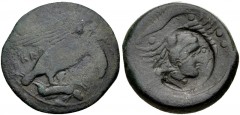 SICILY, Akragas. Late 5th century BC. Æ Tetras (28mm, 14.71 g, 11h). Eagle standing right, tearing at hare / Crab; six pellets around, crayfish below; c/m: head of Herakles right, wearing lion’s skin,