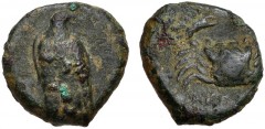 SICILY, Akragas. Circa 338-317/287 BC. Æ Onkia (12mm, 1.71 g, 1h). Eagle standing left, head right / Crab. CNS 113; HGC 2, 152; Virzi 630 (this coin). VF, green patina. Rare. From the Edgar L. Owen Co