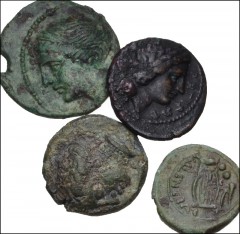 GREEK. Magna Graecia & Sicily. Lot of four (4) bronze from Bruttium. Includes: (a) The Brettii. Circa 214-211 BC. Æ Half. Nike / Zeus with cornucopia. HN Italy 1982 // (b) Hipponion (as Vibo Valentia)
