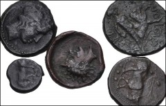 GREEK. Magna Graecia & Sicily. Lot of five (5) bronze of Gela. Includes: (a) Circa 420-405 BC. Tetras or Trionkion. Bull standing left / Head of Gelas right. HGC 2, 379 // (b) As last, but bull right.