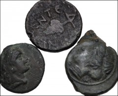 GREEK. Magna Graecia & Sicily. Lot of three (3) bronze from Sicily. Includes: (a) Entella. Late 2nd-1st centuries BC. Æ 16mm. Head of Dionysos / Grape bunch. HGC 2, 241; Virzi 952 (this coin) // (b) H