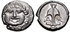 THRACE, Apollonia Pontika. Late 5th-4th centuries BC. AR Drachm (14mm, 2.86 g, 8h). Facing gorgoneion / Upright anchor; A to left, crayfish to right. Topalov, Apollonia 45; SNG BM Black Sea 160–1. VF.