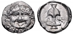 THRACE, Apollonia Pontika. Late 5th-4th centuries BC. AR Drachm (14mm, 2.83 g, 2h). Facing gorgoneion / Upright anchor; A to left, crayfish to right. Topalov, Apollonia 45; SNG BM Black Sea 160–1. VF.