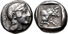 DYNASTS of LYCIA. Kherei. Circa 410-390 BC. AR Stater (17mm, 8.58 g, 7h). Uncertain mint. Helmeted head of Athena right / Forepart of bull right within incuse square. Cf. Mørkholm & Zahle II 33 (quart