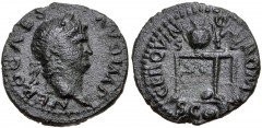 Nero. AD 54-68. Æ Semis (17mm, 3.11 g, 6h). Rome mint. Struck circa AD 64. Laureate head right / Table seen from three-quarter angle, bearing urn and wreath; round shield resting against table leg, S 