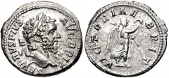 Septimius Severus. AD 193-211. AR Denarius (19mm, 3.38 g, 12h). British Victory type. Rome mint. Struck circa AD 210-211. Laureate head right / Victory advancing right, holding wreath and palm frond. 