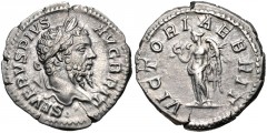 Septimius Severus. AD 193-211. AR Denarius (18mm, 3.01 g, 12h). British Victory type. Rome mint. Struck circa AD 210-211. Laureate head right / Victory standing facing, head left, holding wreath and p