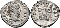 Septimius Severus. AD 193-211. AR Denarius (19mm, 2.88 g, 12h). British Victory type. Rome mint. Struck circa AD 210-211. Laureate head right / Victory seated left on shield, holding shield and palm f