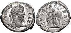 Septimius Severus. AD 193-211. AR Denarius (19mm, 3.23 g, 6h). British Victory type. Rome mint. Struck circa AD 210-211. Laureate head right / Victory standing facing, head right, holding palm frond a