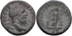 Septimius Severus. AD 193-211. Æ As (24mm, 9.53 g, 6h). British Victory type. Rome mint. Struck AD 210-211. Laureate head right / Victory standing right, holding vexillum in both hands; bound captive 
