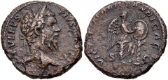 Septimius Severus. AD 193-211. Æ As (24mm, 10.37 g, 12h). British Victory type. Rome mint. Struck AD 210-211. Laureate head right / Victory standing right, with foot on uncertain object, inscribing sh