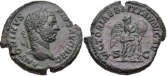Caracalla. AD 198-217. Æ As (26mm, 10.57 g, 7h). British Victory type. Rome mint. Struck AD 210-211. Laureate head right / Victory standing right, with foot on uncertain object, inscribing shield set 