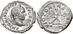 Caracalla. AD 198-217. AR Denarius (19mm, 2.97 g, 1h). British Victory type. Rome mint. Struck AD 210-211. Laureate head right / Victory advancing right, holding trophy in both hands. RIC IV 231A; RSC