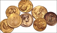 MODERN REPLICAS. Lot of eight (8) uniface electrotypes of Roman Republican & Imperial coins. Includes: Early Republic “AV” Stater obverse // L. Mussidius Longus “AV” Aureus obverse // Sulla “AV” Aureu