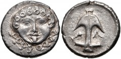 THRACE, Apollonia Pontika. Late 5th-4th centuries BC. AR Drachm (14mm, 2.83 g, 9h). Facing gorgoneion / Upright anchor; crayfish to left, A to right. Topalov, Apollonia 45; SNG BM Black Sea 160-1 var.