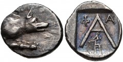 ARGOLIS, Argos. Circa 125-80 BC. AR Triobol (14mm, 1.98 g, 3h). Forepart of wolf at bay right / Large A; Φ-A across upper field; below, eagle standing right on archaic heta; all within incuse square. 