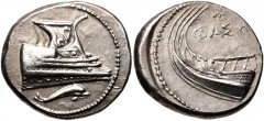 LYCIA, Phaselis. 4th century BC. AR Stater (23.5mm, 10.36 g, 6h). Prow of galley right, fighting platform decorated with coiled serpent right; below, dolphin right / Stern of galley left; swastika and