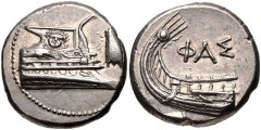 LYCIA, Phaselis. 4th century BC. AR Stater (20.5mm, 10.43 g, 4h). Prow of galley right, fighting platform decorated with facing gorgoneion; to right, cicada upward / Stern of galley left; ΦAΣ above; b