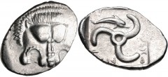 DYNASTS of LYCIA. Mithrapata. Circa 390-370 BC. AR Stater (26mm, 9.66 g, 7h). Facing lion scalp / Triskeles; above, dolphin right; all within incuse square. Mildenberg, Mithrapata 13 var. (unlisted di