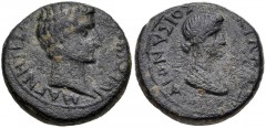 LYDIA, Magnesia ad Sipylum. Augustus, with Livia. 27 BC-AD 14. Æ (15mm, 3.78 g, 12h). Dionysius Kilas, magistrate. Struck circa 2 BC. Bare head of Augustus right / Draped bust of Livia right. RPC I 24