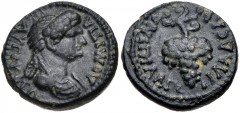 LYDIA, Philadelphia. Domitia. Augusta, AD 82-96. Æ (15mm, 3.07 g, 6h). Lagetas, magistrate. Draped bust right / Grape bunch. RPC II 1336; SNG Copenhagen 379. VF, black patina.