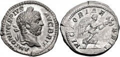 Caracalla. AD 198-217. AR Denarius (19mm, 3.14 g, 7h). Rome mint. Struck circa AD 210-211. Laureate head right / VICTORIAE BRIT, Victory advancing right, holding trophy with both hands. RIC IV 231A; R