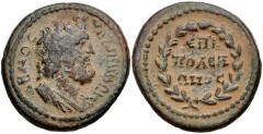 LYDIA, Hypaepa. Pseudo-autonomous issue. temp. Marcus Aurelius-Commodus, AD 161-192. Æ (20mm, 6.03 g, 12h). Polemon, strategos. Draped and bearded bust of Demos right / ЄΠI / ΠOΛЄM / ΩNOC in three lin