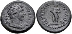 LYDIA, Magnesia ad Sipylum. Marcus Aurelius. As Caesar, AD 139-161. Æ (16mm, 3.53 g, 6h). Struck circa AD 144-161. Bareheaded and draped bust right / Infant (Pluto?) standing left, holding fruits in c