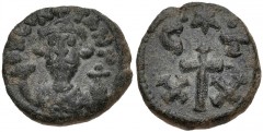 Constans II. 641-668. Æ Half Follis – 20 Nummi (18mm, 4.30 g, 10h). Carthage mint. Struck AD 647-659. Crowned and draped bust facing, holding mappa and globus cruciger, crown ornamented with cross / L