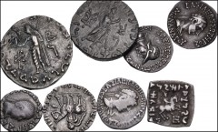 MIXED. Indo-Greeks and Indo-Skythians. Lot of fourteen (14) AR denominations. Includes: BAKTRIA, Indo-Greek Kingdom. One tetradrachm of Menander I and 9 drachms from Menander I to Apollodotos II // IN