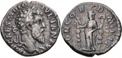Didius Julianus. AD 193. AR Denarius (17mm, 2.37 g, 6h). Rome mint. Laureate head right / Concordia standing left, holding aquila and signum. RIC IV 1; RSC 2. VF, toned, flan crack, minor smoothing. F