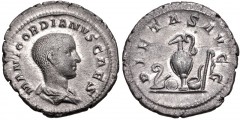 Gordian III. As Caesar, AD 238. AR Denarius (20mm, 3.00 g, 1h). Rome mint. Struck under Balbinus & Pupienus. Bareheaded and draped bust right / Emblems of the pontificate: lituus, secespita, guttus, s
