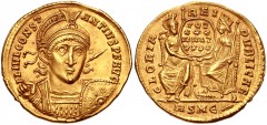Constantius II. AD 337-361. AV Solidus (21mm, 4.57 g, 12h). Rome mint, 5th officina. Struck AD 355-357. Pearl-diademed, helmeted, and cuirassed bust facing slightly right, holding spear over shoulder 