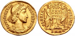 Constantius II. AD 337-361. AV Solidus (21mm, 4.38 g, 6h). Aquileia mint. Struck AD 352-355. Pearl-diademed, draped, and cuirassed bust right / Roma enthroned facing and Constantinopolis enthroned lef