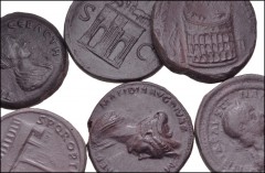 MISCELLANEOUS. Lot of six (6) sulfur casts. All coins: 19th century copies of Roman sestertii from the 1st to 3rd centuries AD. Rulers include Domitian, Trajan, Matidia, Annia Faustina, and Gordian II