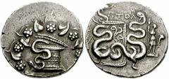 LYDIA, Tralles. Circa 166-85 BC. AR Cistophoric Tetradrachm (26mm, 12.68 gm). Dated CY 2 (132/1 BC). Ptol-, magistrate. Cista mystica with serpent; all within ivy wreath / Bow case with serpents; B (d