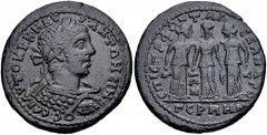 LYDIA, Germe. Elagabalus. AD 218-222. Æ Tetrassarion (33mm, 17.45 g, 6h). T. Julius Fontinius Alexander, magistrate. Laureate and cuirassed bust right / Three nymphs standing facing. Ehling 178. VF, g