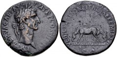 Nerva. AD 96-98. Æ Sestertius (33mm, 23.34 g, 7h). Rome mint. Struck AD 97. Laureate head right / VEHICVLATIONE ITALIAE REMISSA, two horses grazing; yoke in background. RIC II 93; Banti 44. Near VF, b
