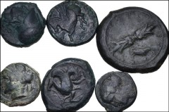 GREEK. Magna Graecia & Sicily. Lot of six (6) Syracusan bronzes. Includes: various types, 14-24mm in diameter. Fine to Good Fine, green patinas, the Dion tooled. LOT SOLD AS IS, NO RETURNS. Six (6) co