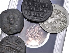 MIXED. Lot of five (5) mixed ancient coins. Includes: Nezak Huns. Nezak Shah. Circa AD 475-576. AR Drachm // Claudius. AD 41-54 AD. Æ As // Byzantine Empire: Anonymous Follis (2 coins) // Isaac II. AD