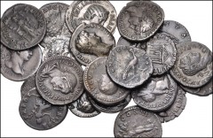 ROMAN. Imperial. Lot of fifty-three (53) AR denarii. Includes: Issues of Vespasian (4) // Titus // Domitian // Nerva // Trajan (4) // Hadrian (9) // Sabina // Antoninus Pius (5) // Diva Faustina Senio