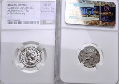 ROMAN. Imperial. Lot of five (5) encapsulated denarii. Includes: Caracalla. AR Denarius. XF // Elagabalus. AR Denarius. Ch XF // Elagabalus. AR Denarius. Ch AU-Star // Julia Paula. AR Denarius. AU // 