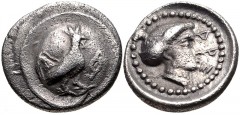 LYCIA, Xanthos (as Arñna). Circa 450-430/20 BC. AR Diobol (11mm, 1.00 g, 3h). Embossed shield decorated with rooster standing right, diskeles to right / Head of Aphrodite right, wearing necklace; to r