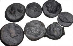 GREEK. Magna Graecia & Sicily. Lot of seven (7) Sicilian Æ. Includes: Agyrion // Entella (2 coins) // Segesta (2 coins) // Solus (2 coins). Fair to Near VF, mostly with patinas, several with porosity 